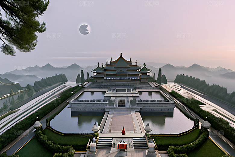白色梦幻江水倒影超现实宫殿风景