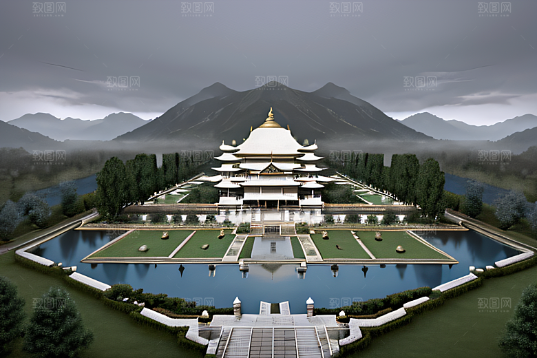 白色梦幻江水倒影超现实宫殿风景