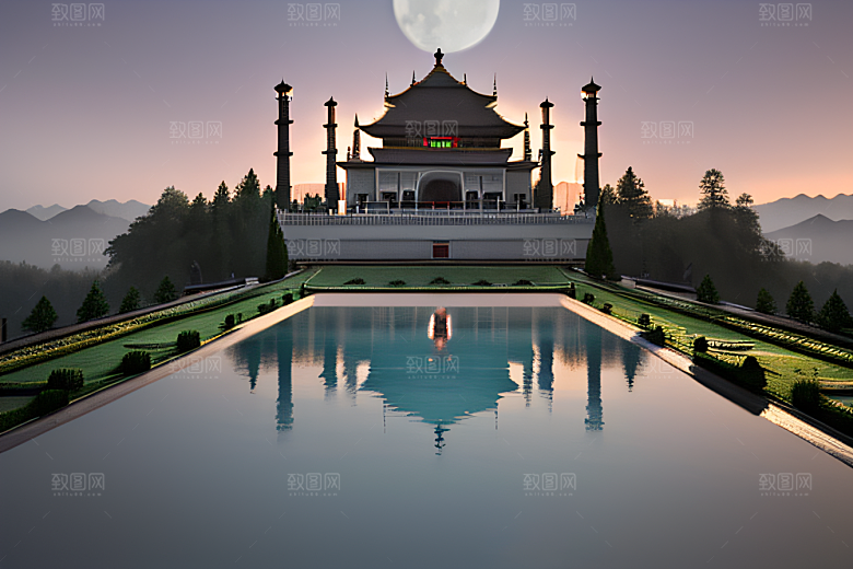 白色梦幻江水倒影超现实宫殿风景