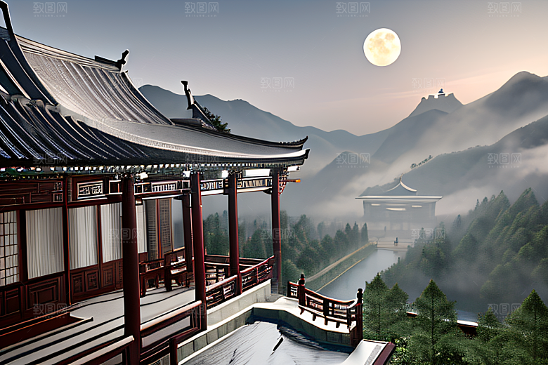白色梦幻江水倒影超现实宫殿风景