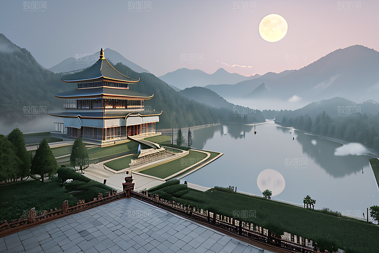 白色梦幻江水倒影超现实宫殿风景