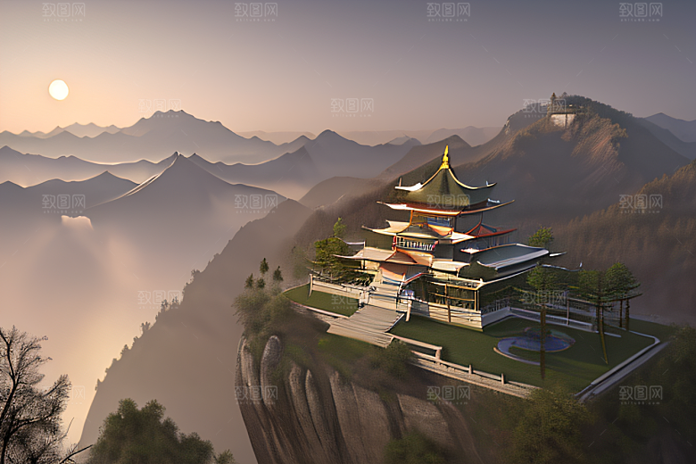 白色梦幻江水倒影超现实宫殿风景