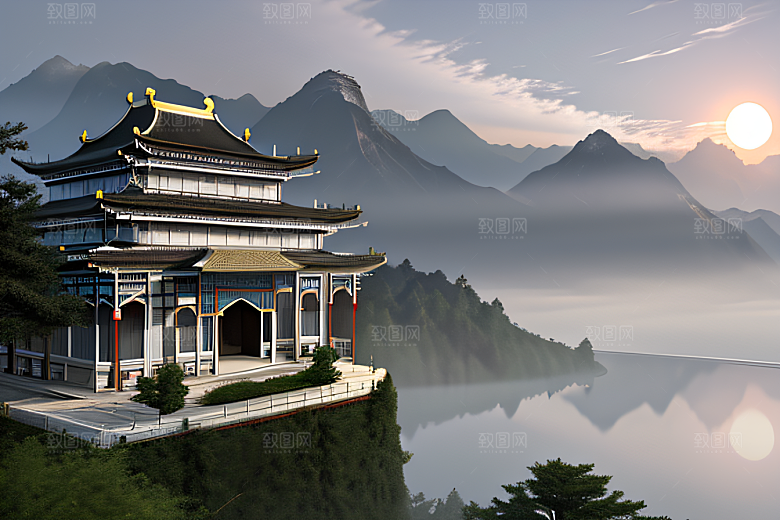 白色梦幻江水倒影超现实宫殿风景
