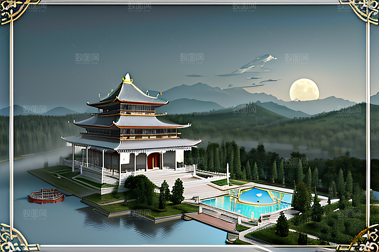 白色梦幻江水倒影超现实宫殿风景