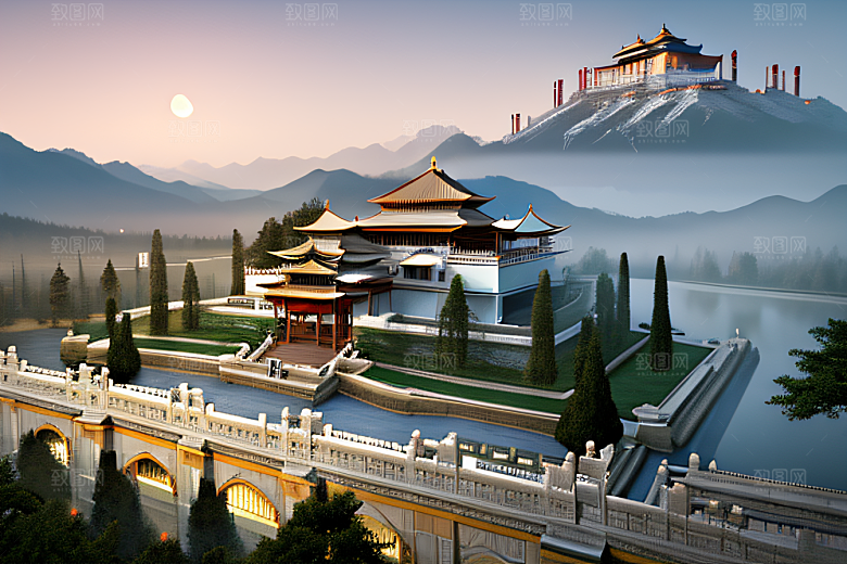 唯美云山神秘如诗倒影宫殿江水