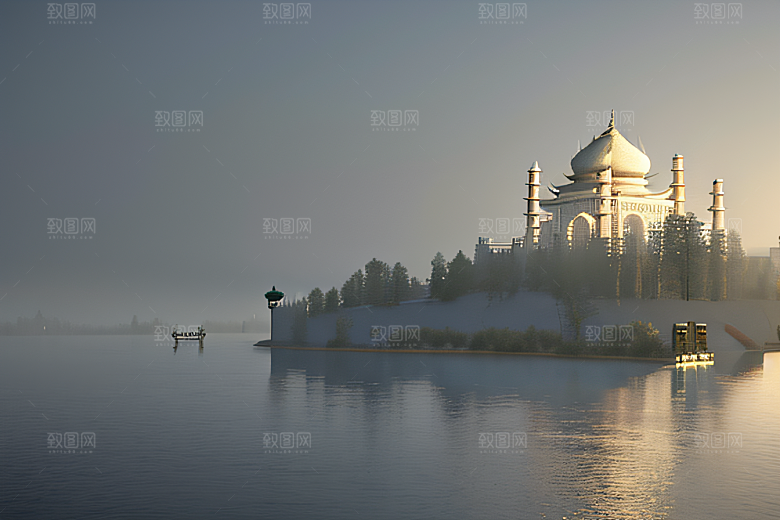 唯美云山神秘如诗倒影宫殿江水