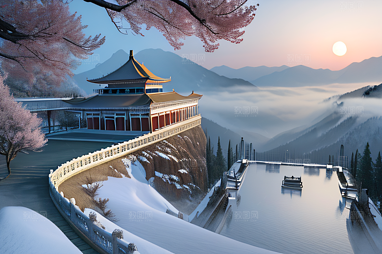 唯美云山神秘如诗倒影宫殿江水