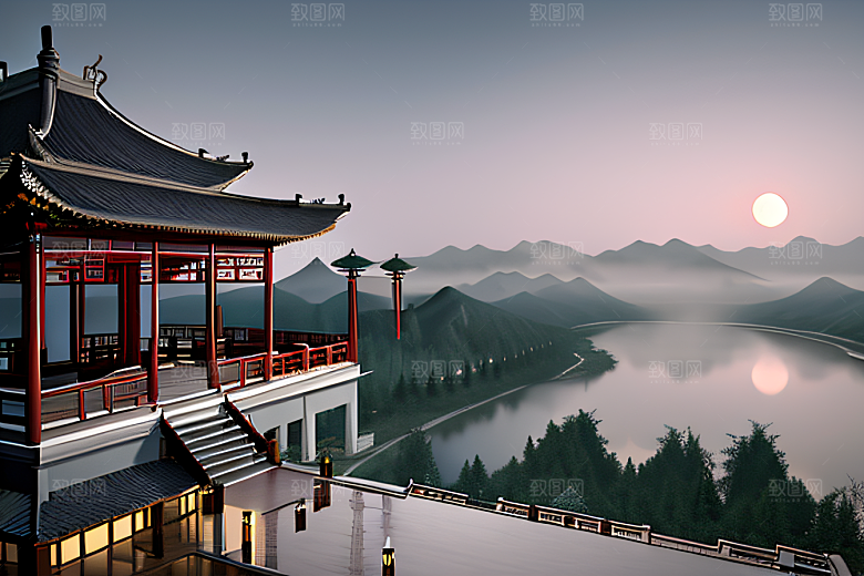 唯美如梦白色云山迷幻中国宫殿