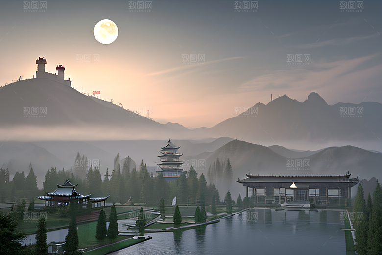 唯美如梦白色云山迷幻中国宫殿