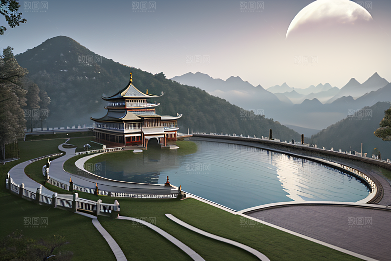 唯美如梦白色云山迷幻中国宫殿