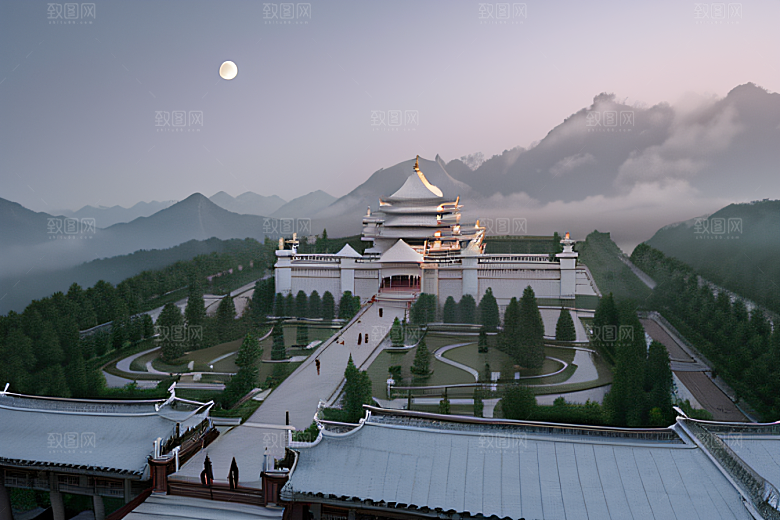 唯美如梦白色云山迷幻中国宫殿