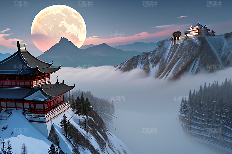 唯美如梦白色云山迷幻中国宫殿