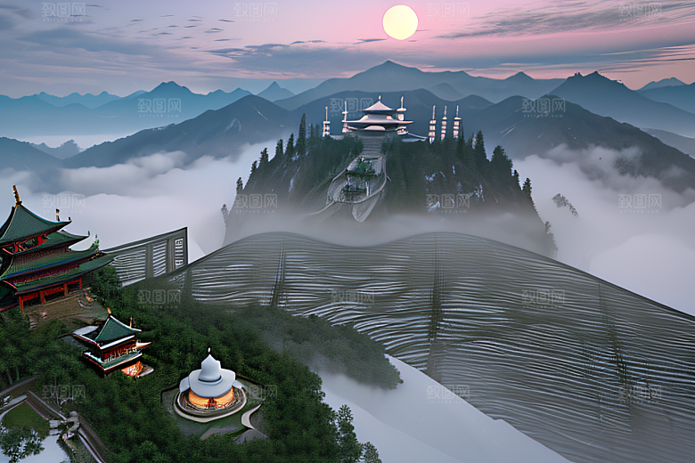 唯美如梦白色云山迷幻中国宫殿