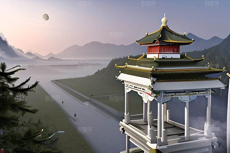 唯美如梦白色云山迷幻中国宫殿