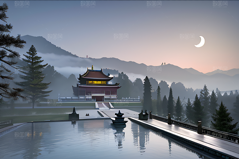 唯美如梦白色云山迷幻中国宫殿