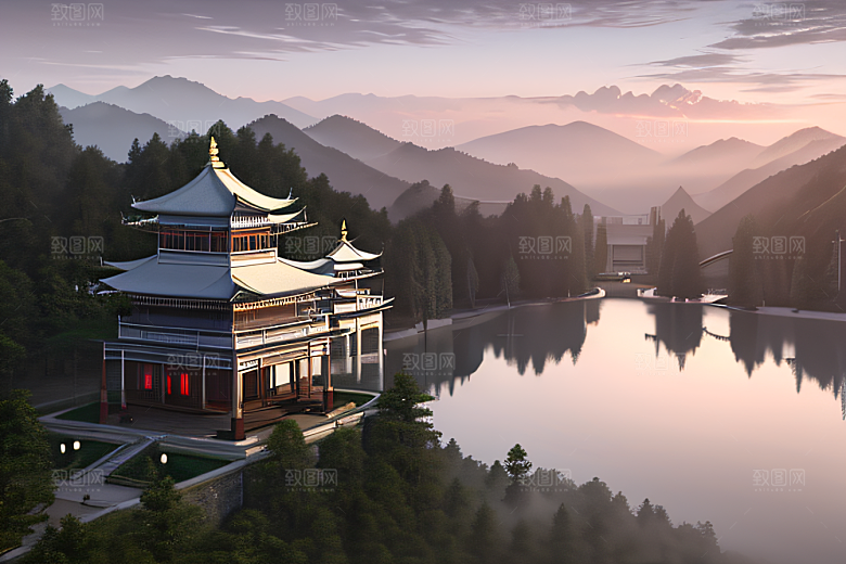 唯美如梦白色云山迷幻中国宫殿