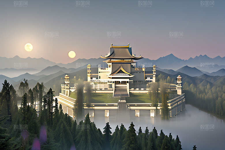 云山之巅宁静唯美白色梦幻宫殿