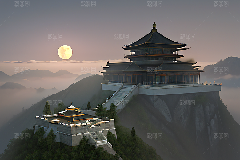 云山之巅宁静唯美白色梦幻宫殿