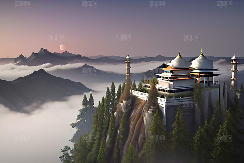云山之巅宁静唯美白色梦幻宫殿
