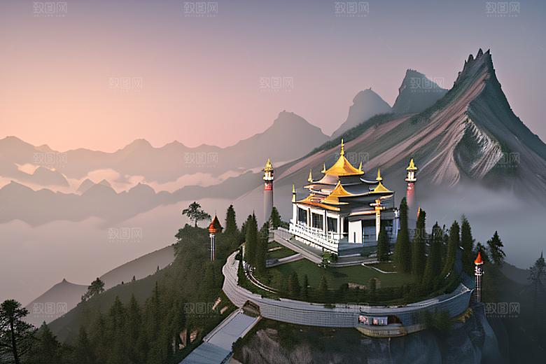 云山之巅宁静唯美白色梦幻宫殿