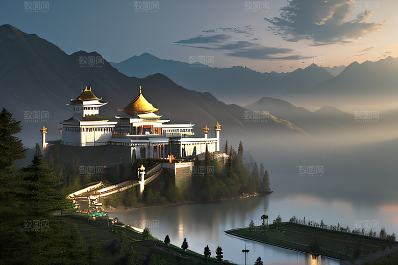 云山之巅宁静唯美白色梦幻宫殿