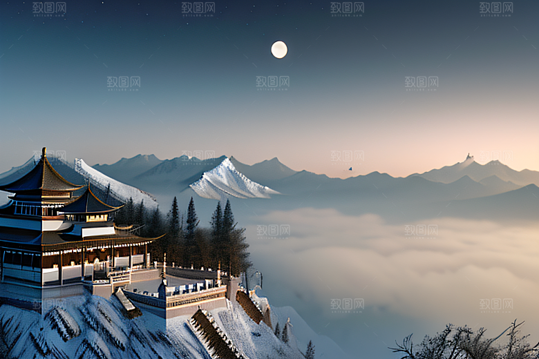 云山之巅宁静唯美白色梦幻宫殿