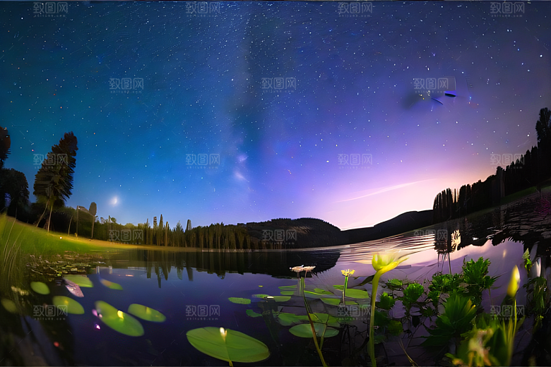 丰盛水生植物的湖畔画卷