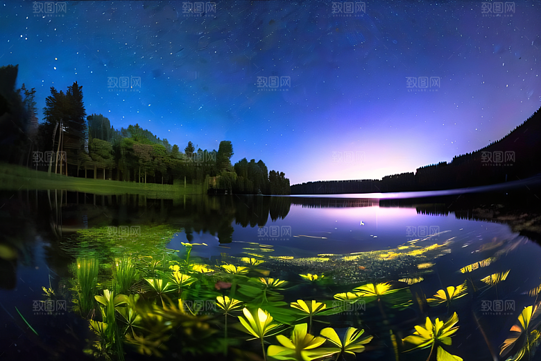清澈湖面上丰盛的水生植被