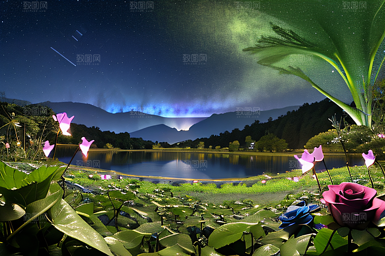 清澈湖面上丰盛的水生植被