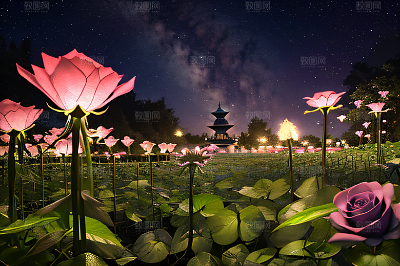 幻彩蓝玫瑰的仙境之夜