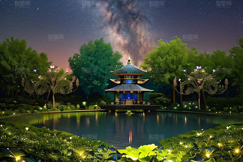萤火虫舞动湖面的浪漫