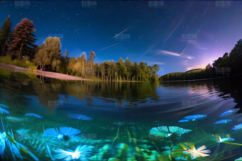 丰盛水生植物的湖畔画卷