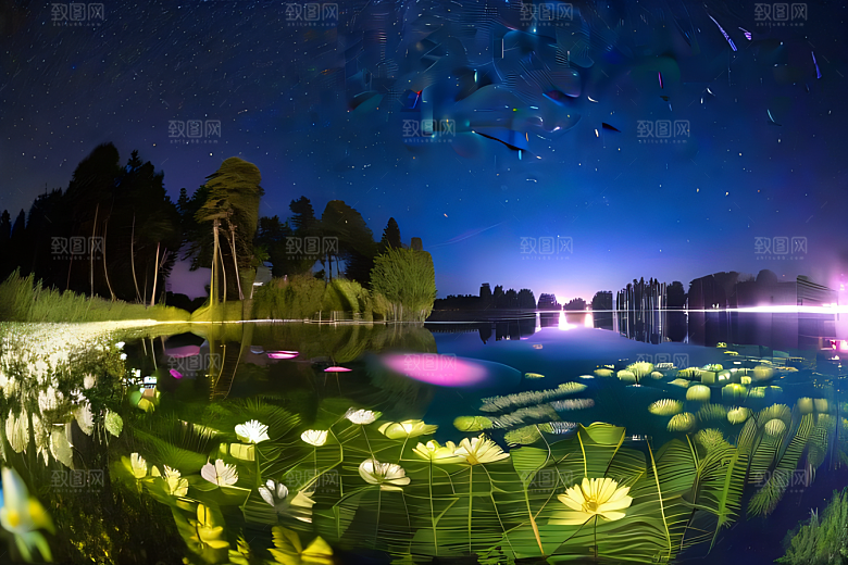 丰盛水生植物的湖畔画卷