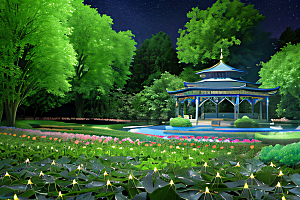 丰盛水生植物的湖畔画卷