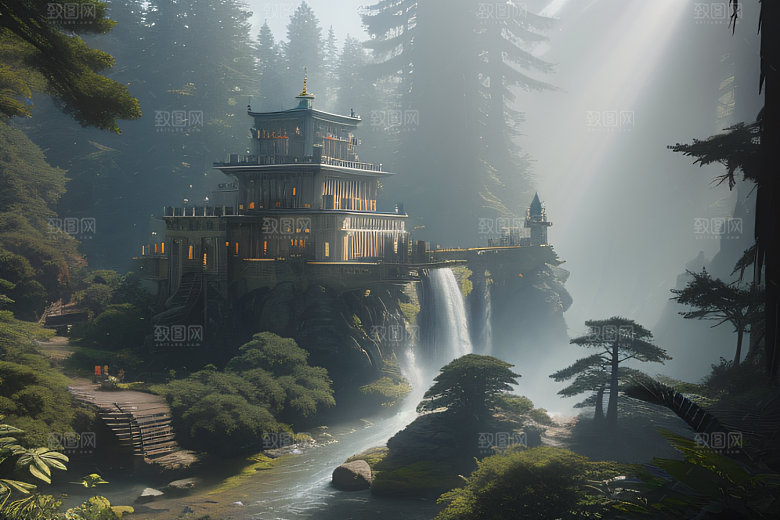超写实渲染中午阳光下的金碧辉煌城市全景