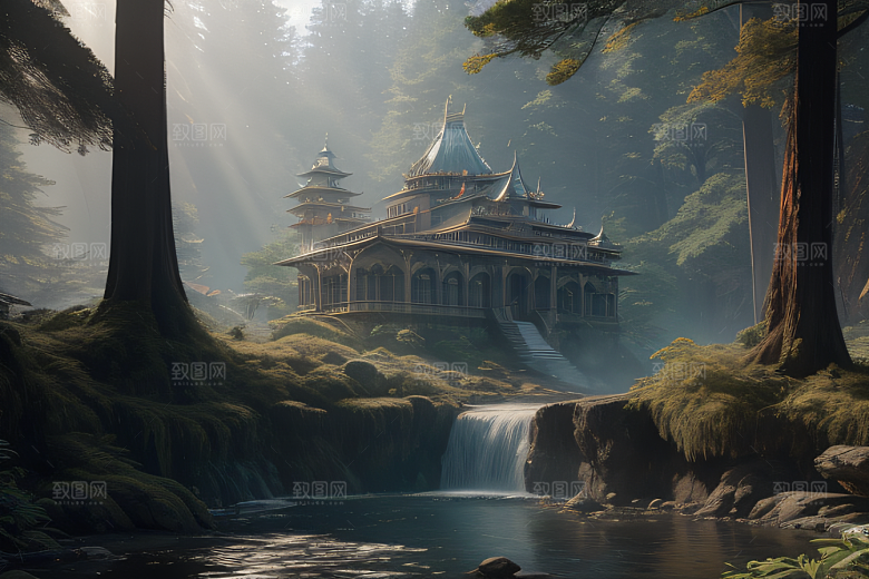 梦幻绘画艺术红杉森林中的壮丽瀑布