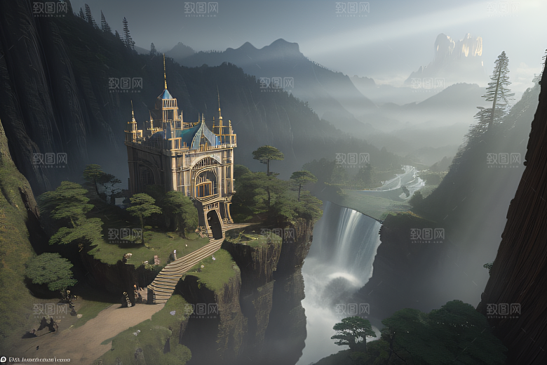梦幻绘画艺术红杉森林中的壮丽瀑布