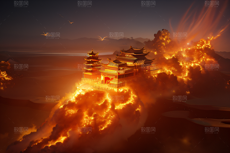高清CG渲染的凤凰云雾中的火焰宫殿