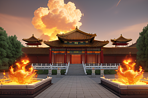 高清CG渲染的凤凰云雾中的火焰宫殿