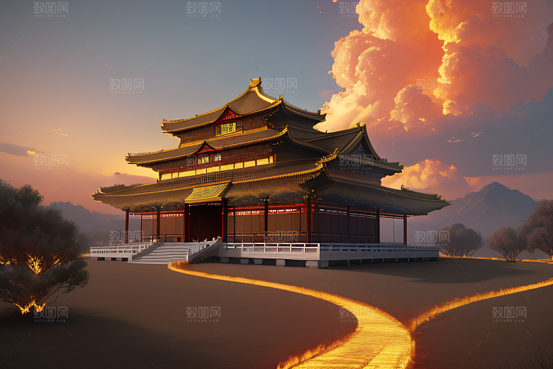 凤凰云雾中的高清CG渲染黄金宫殿