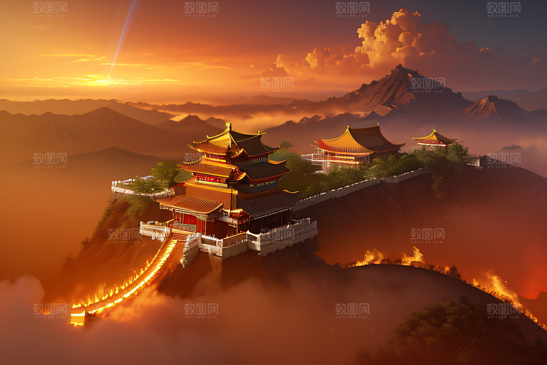 凤凰云雾中的高清CG渲染黄金宫殿