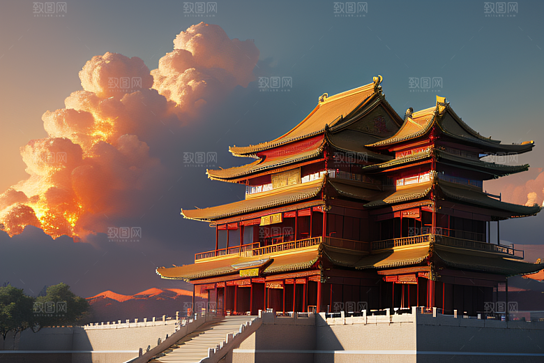 高清CG渲染的凤凰云雾中的黄金宫殿