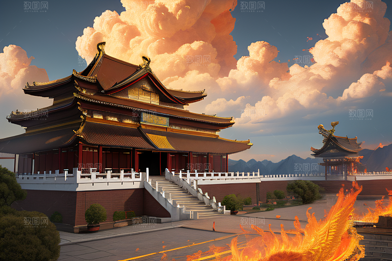 凤凰云雾中的高清CG渲染金宫