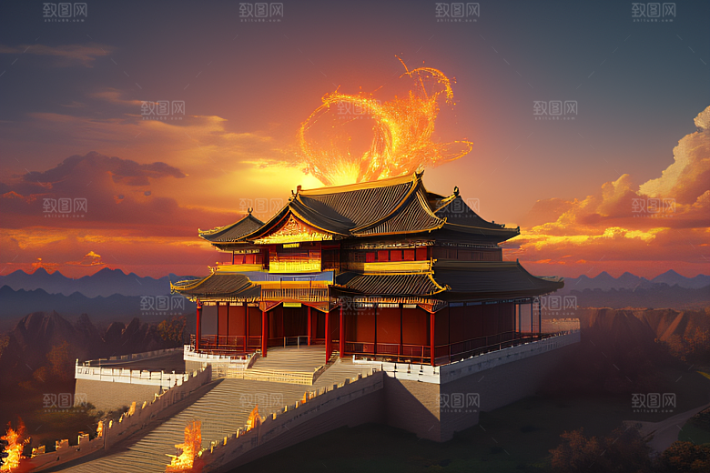 凤凰云雾中的高清CG渲染金宫