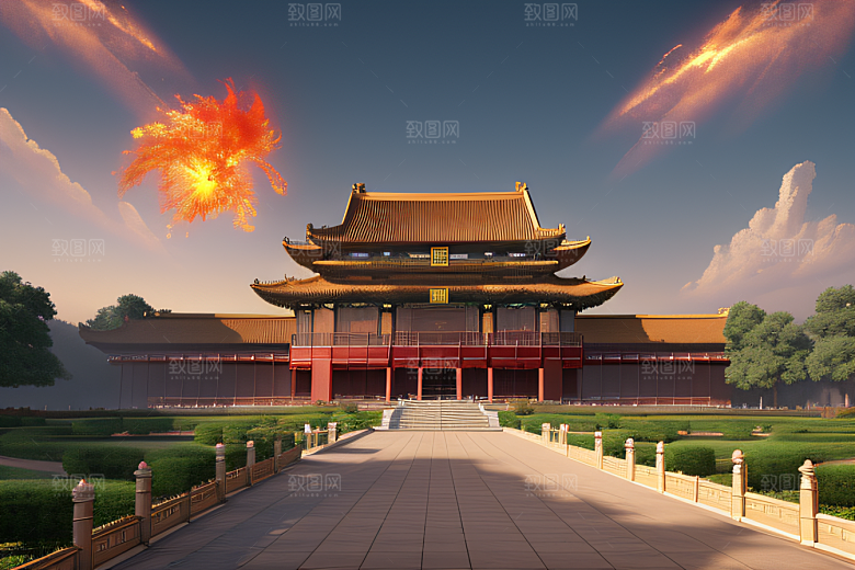 高清CG渲染的凤凰云雾中的中国金宫