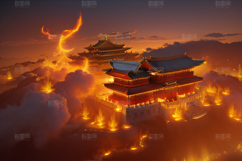 高清CG渲染的凤凰云雾中的中国金宫
