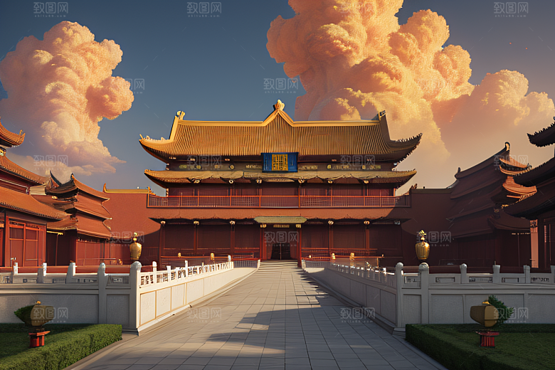 高清CG渲染的凤凰云雾中的中国金宫