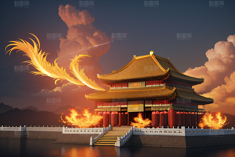 高清CG渲染的凤凰云雾中的中国金宫