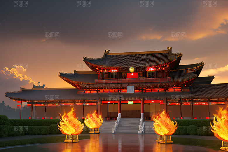 高清CG渲染的凤凰云雾中的中国金宫