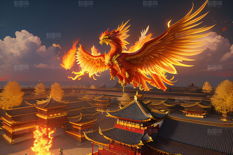 高清CG渲染的凤凰云雾中的中国金宫